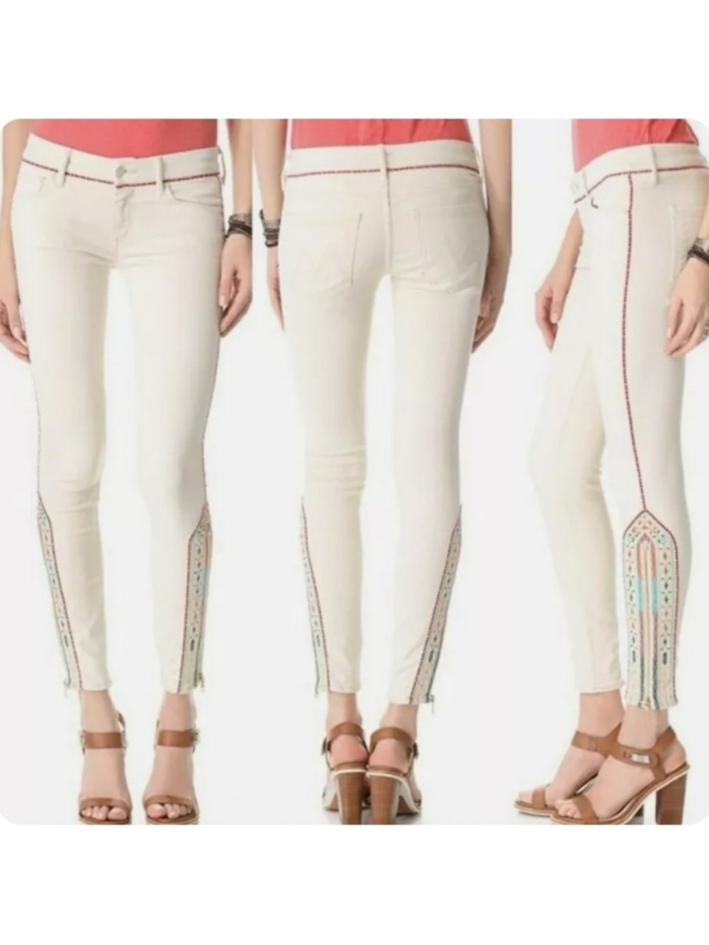 MOTHER Y2K Cream Looker Ankle Zip Jeans Embroidered Zip Leg Side Panels Sz 29
